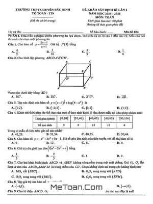 Tải Đề Thi Khảo Sát Toán 12 Lần 1 Trường THPT Chuyên Bắc Ninh Năm 2025-2026 (File PDF Kèm Đáp Án)