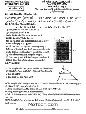 Đề thi Giữa học kỳ 1 Toán 8 năm học 2025 - 2026 trường THCS Văn Yên - Hà Nội