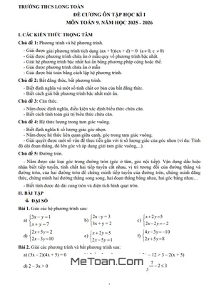 Đề cương ôn tập học kì 1 Toán 9 năm học 2025 - 2026 trường THCS Long Toàn