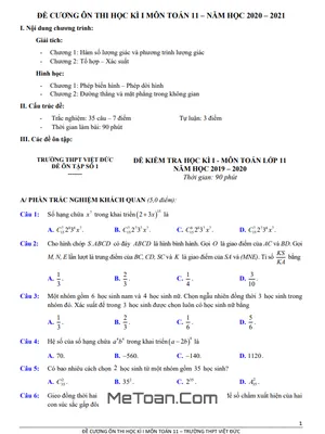 Đề Cương Ôn Thi Học Kì 1 Toán 11 Năm 2020 - 2021 Trường THPT Việt Đức - Hà Nội