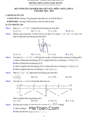 Đề Cương Ôn Tập Giữa Kì 1 Toán 12 Năm 2022-2023 - THPT Lương Ngọc Quyến, Thái Nguyên