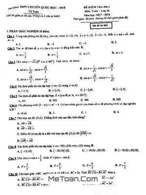 Đề kiểm tra HK1 Toán 10 năm học 2017 - 2018 trường THPT chuyên Quốc học Huế