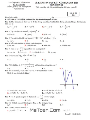 Đề thi HK1 Toán 12 năm 2019 - 2020 trường THPT Hàm Nghi - Hà Tĩnh