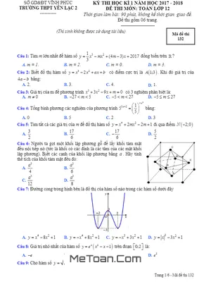 Đề thi học kỳ 1 Toán 12 năm học 2017 - 2018 trường THPT Yên Lạc 2 - Vĩnh Phúc (có đáp án)