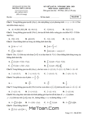 Đề thi giữa kỳ 2 Toán 12 năm 2020 - 2021 trường THPT Cam Lộ - Quảng Trị
