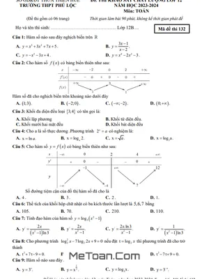 Đề khảo sát chất lượng Toán 12 năm 2023 - 2024 trường THPT Phú Lộc - TT Huế