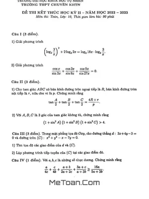 Đề thi học kỳ 2 Toán 10 năm 2022 - 2023 trường chuyên KHTN - Hà Nội