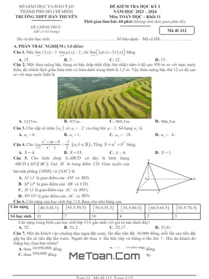 Đề Thi Học Kỳ 1 Toán 11 Năm 2023 - 2024 Trường THPT Hàn Thuyên - TP.HCM