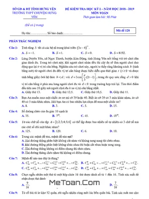 Đề kiểm tra HK1 Toán 11 năm học 2018 – 2019 trường THPT chuyên Hưng Yên