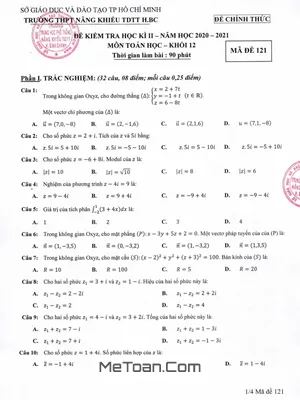 Trọn bộ Đề thi HK2 Toán 12 năm 2020-2021 trường Năng khiếu TDTT Bình Chánh - TP.HCM (có đáp án)