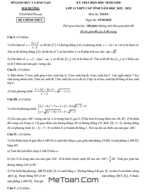 Đề thi học sinh giỏi Toán 12 cấp tỉnh năm 2022 - 2023 sở GD&ĐT Hải Dương