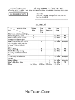 Đề thi chọn HSG Toán Quốc gia 2018-2019 của Sở GD&ĐT Kon Tum