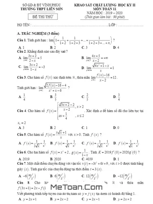 Đề khảo sát học kỳ 2 Toán 11 năm 2019 – 2020 trường THPT Liễn Sơn – Vĩnh Phúc