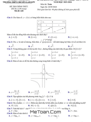 Đề KSCL Toán Lần 2 năm 2024 – Trường THPT Chuyên Lam Sơn – Thanh Hóa