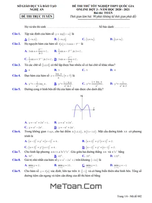 Đề thi thử tốt nghiệp THPT 2021 môn Toán đợt 3 sở GD&ĐT Nghệ An - Có đáp án