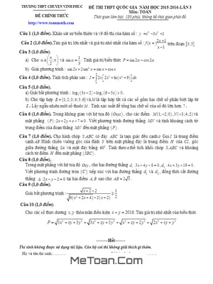 Đề Thi Thử THPT Quốc Gia 2016 Môn Toán Trường Chuyên Vĩnh Phúc Lần 3