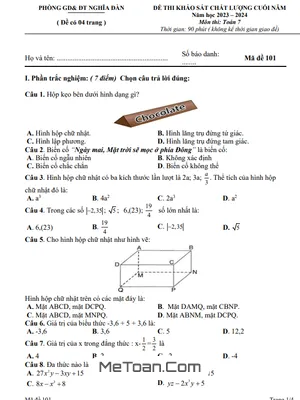 Đề khảo sát Toán 7 cuối năm 2023 - 2024 phòng GD&ĐT Nghĩa Đàn - Nghệ An