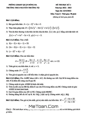 Đề thi học kì 1 Toán 8 năm 2022 - 2023 trường THCS Nguyễn Trường Tộ - Hà Nội