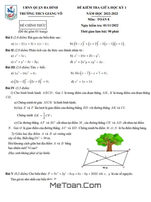 Đề thi giữa học kỳ 1 Toán 8 năm 2022 – 2023 trường THCS Giảng Võ – Hà Nội