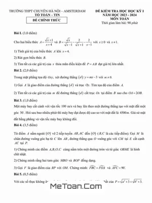 Đề thi học kì 1 Toán 9 năm 2023 - 2024 trường THPT chuyên Hà Nội - Amsterdam