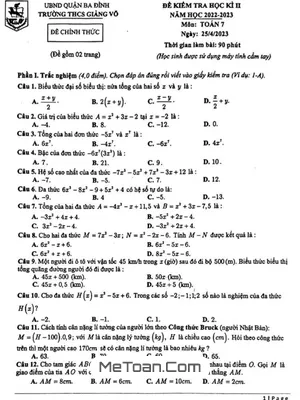 Đề Thi Học Kì 2 Môn Toán Lớp 7 Năm 2022 - 2023 Trường THCS Giảng Võ - Hà Nội