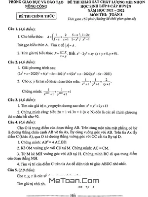 Đề KSCL Mũi Nhọn Toán 8 Năm 2021 - 2022 Phòng GD&ĐT Nông Cống - Thanh Hóa
