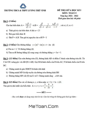 Đề thi giữa kì 1 Toán 9 năm 2021 - 2022 trường Lương Thế Vinh - Hà Nội