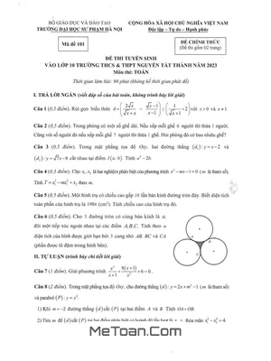 Đề thi tuyển sinh lớp 10 môn Toán năm 2023 trường Nguyễn Tất Thành - Hà Nội