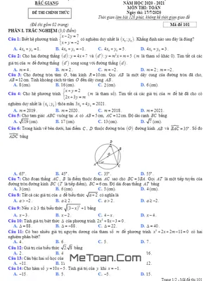 Đề thi tuyển sinh lớp 10 THPT môn Toán năm 2020 - 2021 sở GD&ĐT Bắc Giang