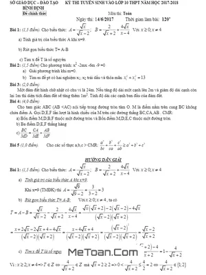Đề thi tuyển sinh lớp 10 môn Toán Bình Định năm 2017 - 2018 có lời giải