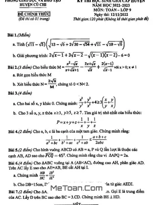Đề thi học sinh giỏi huyện môn Toán lớp 9 năm 2022 - 2023 phòng GD&ĐT Củ Chi - TP.HCM
