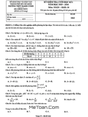 Đề Cuối Học Kì 1 Toán 10 Năm 2025 – 2026 Trường THPT Marie Curie – TP HCM