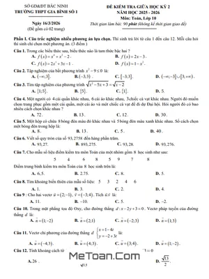 Đề Kiểm Tra Giữa Học Kỳ 2 Toán 10 Trường THPT Gia Bình 1 – Bắc Ninh Năm 2025-2026 Có Đáp Án