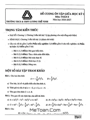 Đề Cương Ôn Thi Giữa Kỳ 1 Toán 8 Lương Thế Vinh Hà Nội Năm 2026-2027