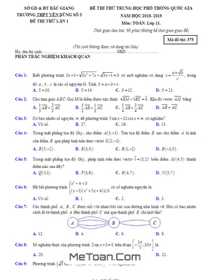 Đề thi thử THPT Quốc gia môn Toán 11 năm 2018 - 2019 trường Yên Dũng 3 - Bắc Giang lần 1