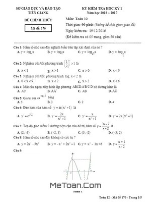 Đề thi HK1 Toán 12 năm học 2016 - 2017 Sở GD&ĐT Tiền Giang