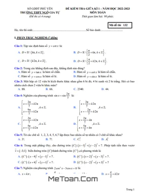 Đề Thi Giữa Kỳ 1 Toán 11 Năm 2022-2023 Trường THPT Ngô Gia Tự - Phú Yên