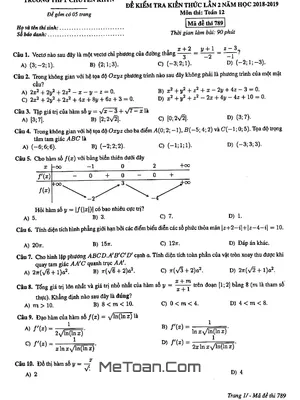 Đề kiểm tra kiến thức Toán 12 lần 2 năm học 2018 - 2019 trường chuyên KHTN - Hà Nội