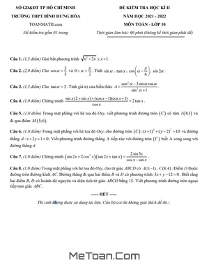Đề kiểm tra cuối kỳ 2 Toán 10 năm 2021 – 2022 trường THPT Bình Hưng Hòa – TP HCM