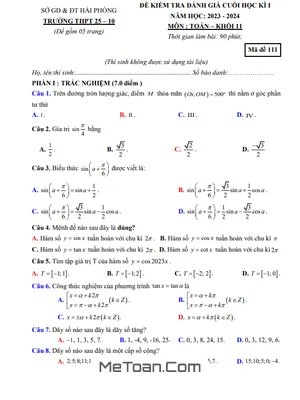 Đề thi học kì 1 Toán 11 năm 2023 - 2024 trường THPT 25-10 - Hải Phòng