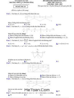 Đề thi Toán 12 lần 1 năm 2020 - 2021 trường THPT Lý Thánh Tông - Hà Nội (có đáp án)