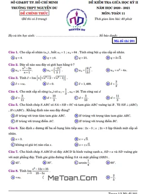 Đề thi giữa kỳ 2 Toán 11 năm 2020 - 2021 trường THPT Nguyễn Du - TP HCM