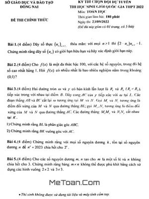 Đề chọn đội tuyển thi HSG QG môn Toán năm 2022 - 2023 sở GD&ĐT Đồng Nai