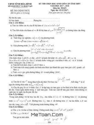 Đề thi HSG Toán 12 cấp tỉnh Hòa Bình năm 2017 - 2018 có lời giải