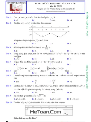 Đề thi thử tốt nghiệp THPT 2020 môn Toán lần 2 sở GD&ĐT Bắc Giang