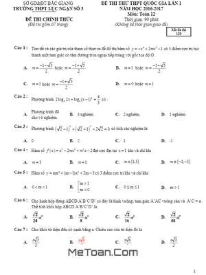 Đề thi thử THPT Quốc gia 2017 môn Toán trường Lục Ngạn 3 - Bắc Giang lần 1 - Full đáp án