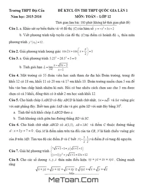 Đề thi thử THPT Quốc gia môn Toán 2016 lần 1 trường THPT Đội Cấn - Vĩnh Phúc