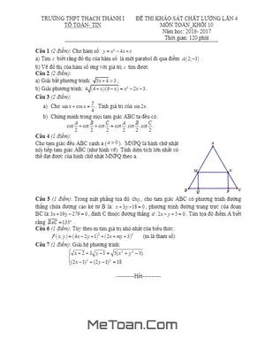 Đề thi khảo sát chất lượng Toán 10 lần 4 năm 2016 - 2017 trường THPT Thạch Thành 1 - Thanh Hóa