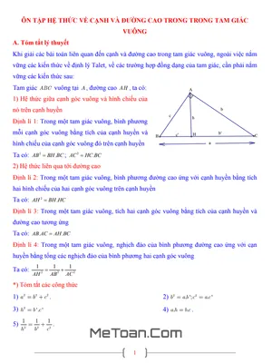 Tài Liệu Toán 9: Một Số Hệ Thức Về Cạnh Và Đường Cao Trong Tam Giác Vuông