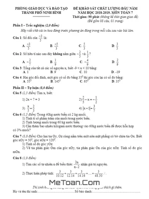 Đề Kiểm Tra Chất Lượng Đầu Năm Môn Toán Lớp 7 Năm Học 2018 - 2019 Phòng GD&ĐT Thành Phố Ninh Bình